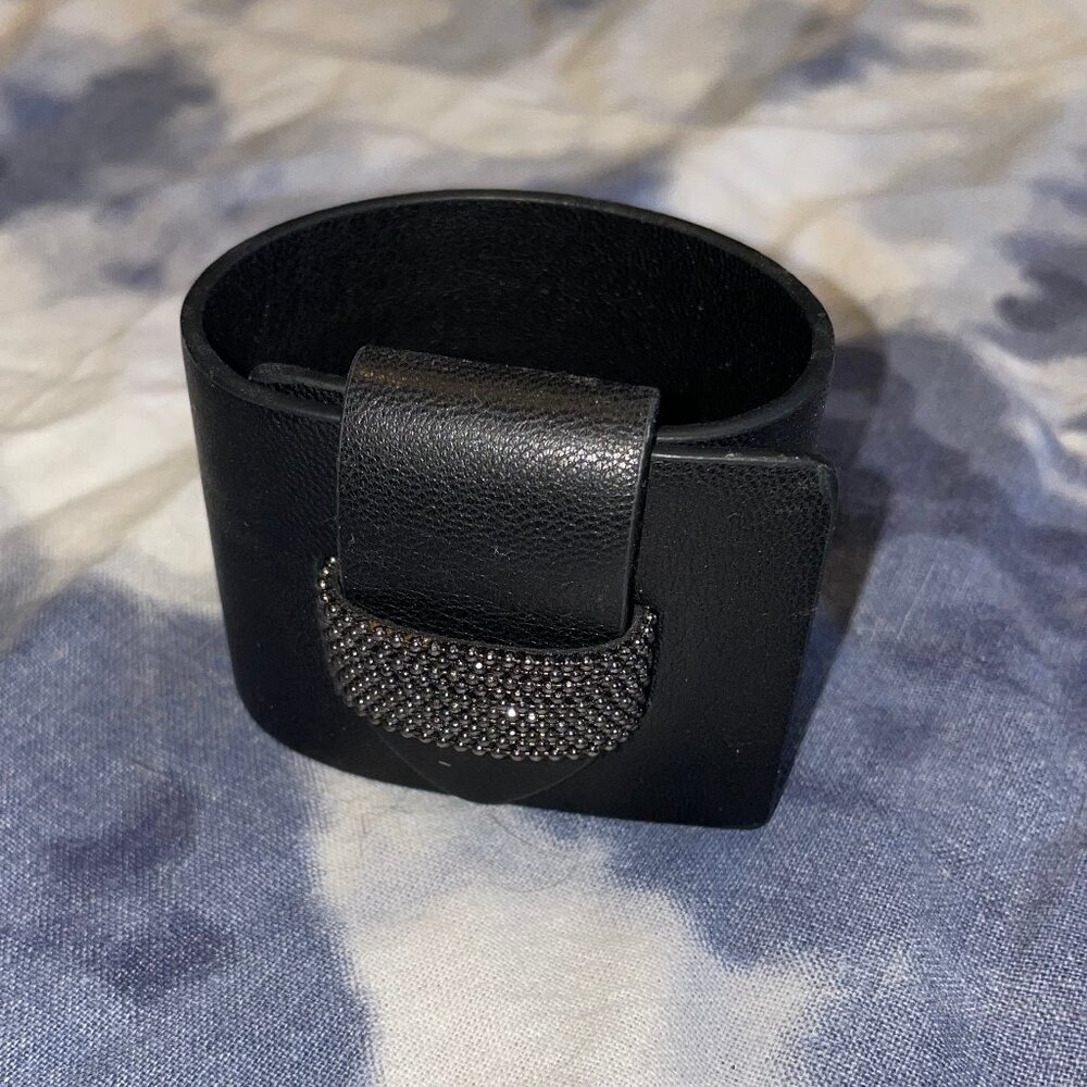 Black Leather Cuff with black bead detail